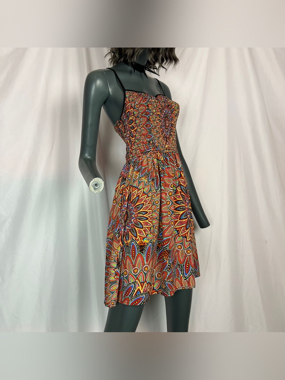 Vibrant Kaleidoscope Print Smocked Sleeveless Dress